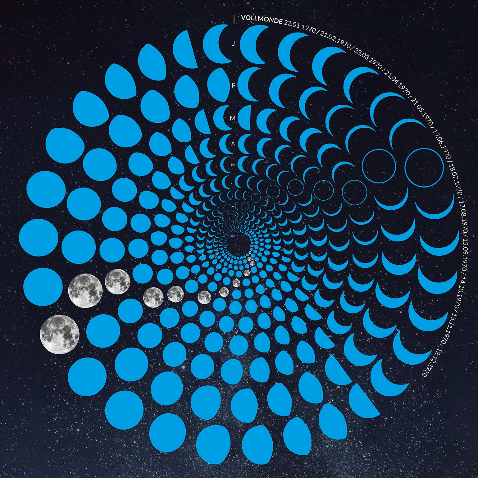 Lunar Circle Poster 1970, A3 in Blau mit rundem Mondphasen-Muster, Universum-Hintergrund und Personalisierungsmöglichkeit – Kunst von Theresa Lambrecht