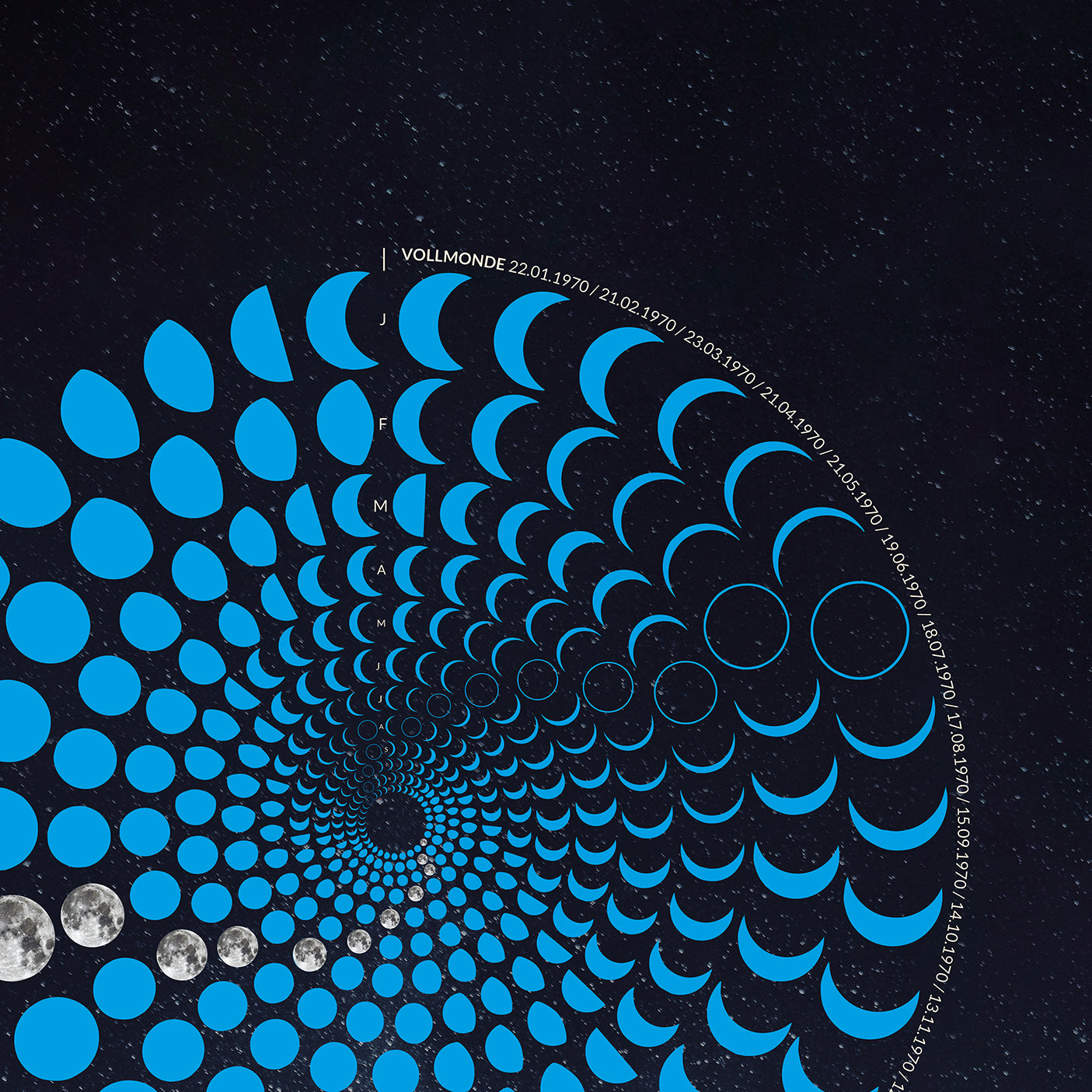 Lunar Circle Poster 1970, A3 in Blau mit rundem Mondphasen-Muster, Universum-Hintergrund und Personalisierungsmöglichkeit – Kunst von Theresa Lambrecht