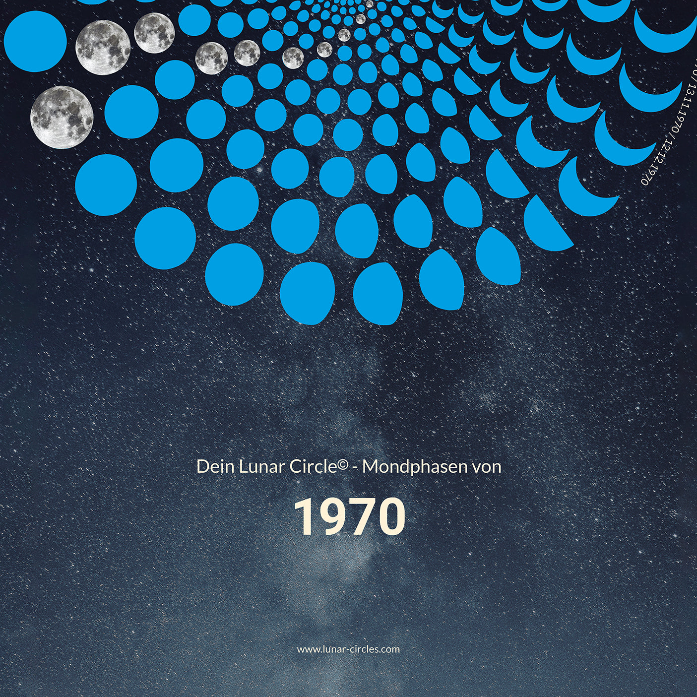 Lunar Circle Poster 1970, A3 in Blau mit rundem Mondphasen-Muster, Universum-Hintergrund und Personalisierungsmöglichkeit – Kunst von Theresa Lambrecht