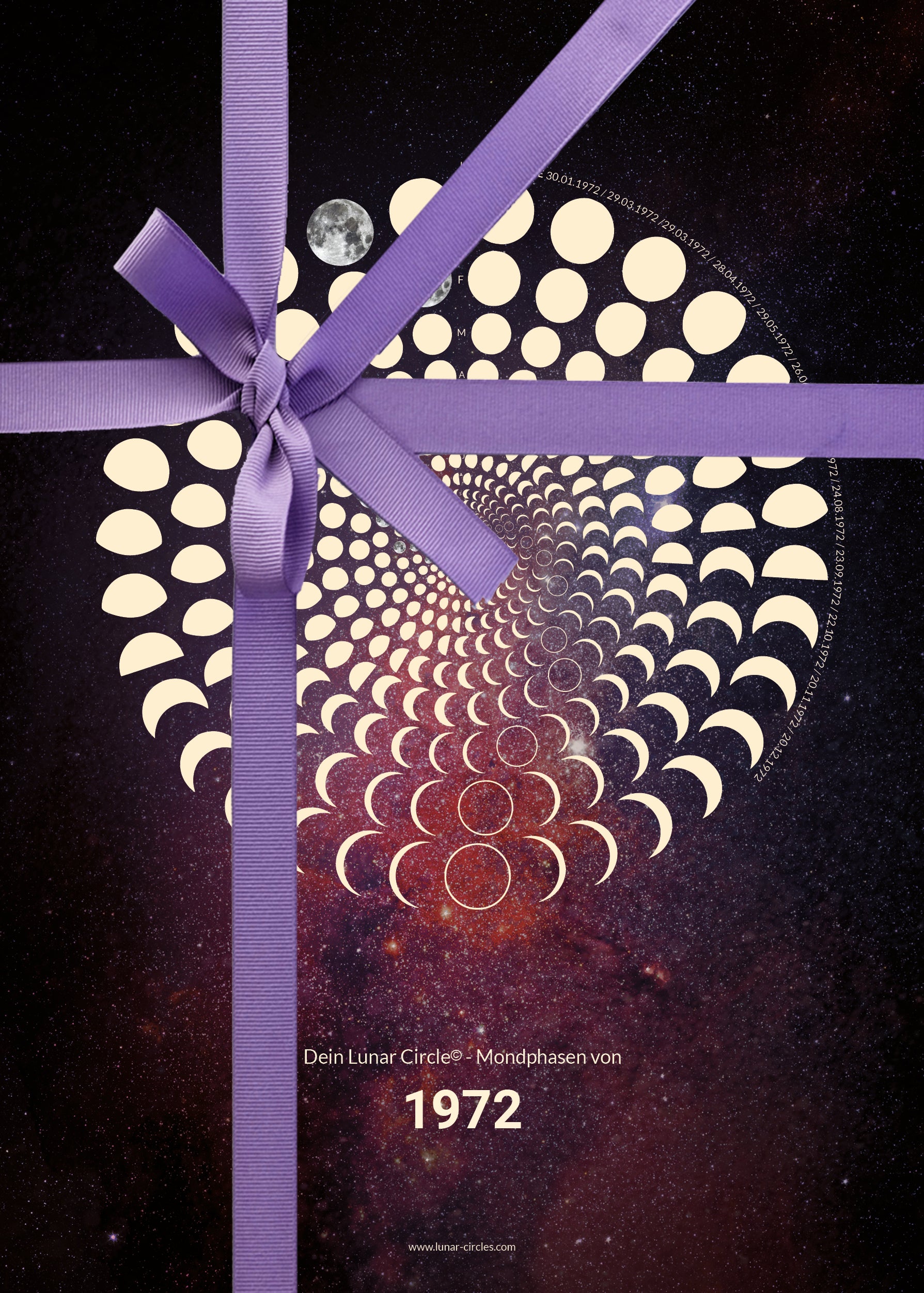 Lunar Circle Poster 1972, A3 in Mond Gelb mit rundem Mondphasen-Muster, Universum-Hintergrund und Personalisierungsmöglichkeit, Geschenk – Kunst von Theresa Lambrecht