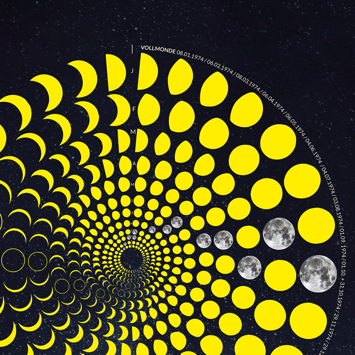 Lunar Circle Poster 1974, A3 in Mond Gelb mit rundem Mondphasen-Muster, Universum-Hintergrund und Personalisierungsmöglichkeit, Geschenk – Kunst von Theresa Lambrecht
