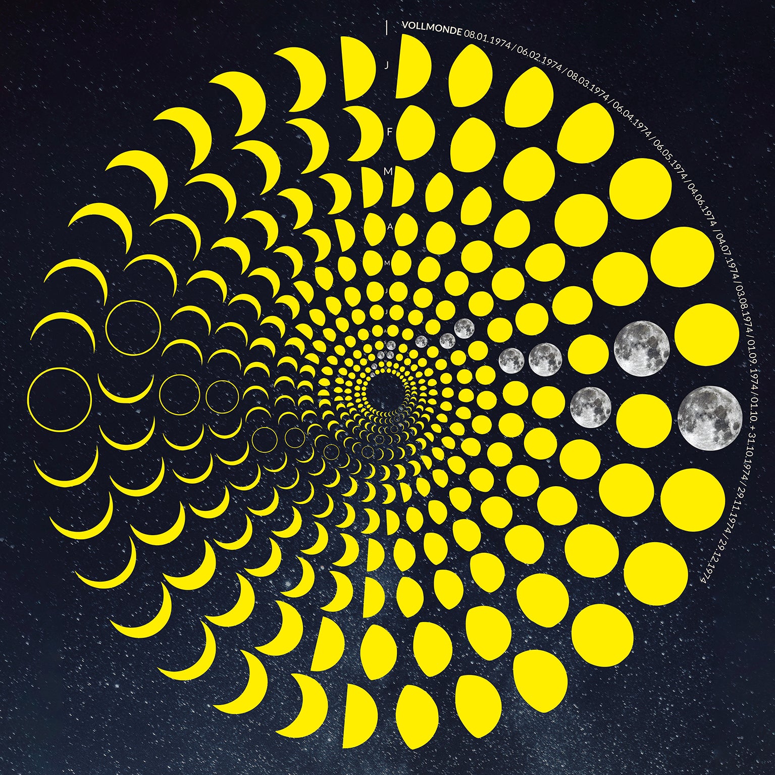 Lunar Circle Poster 1974, A3 in Mond Gelb mit rundem Mondphasen-Muster, Universum-Hintergrund und Personalisierungsmöglichkeit, Geschenk – Kunst von Theresa Lambrecht