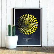 Lunar Circle Poster 1974, A3 in Mond Gelb mit rundem Mondphasen-Muster, Universum-Hintergrund und Personalisierungsmöglichkeit, Geschenk – Kunst von Theresa Lambrecht