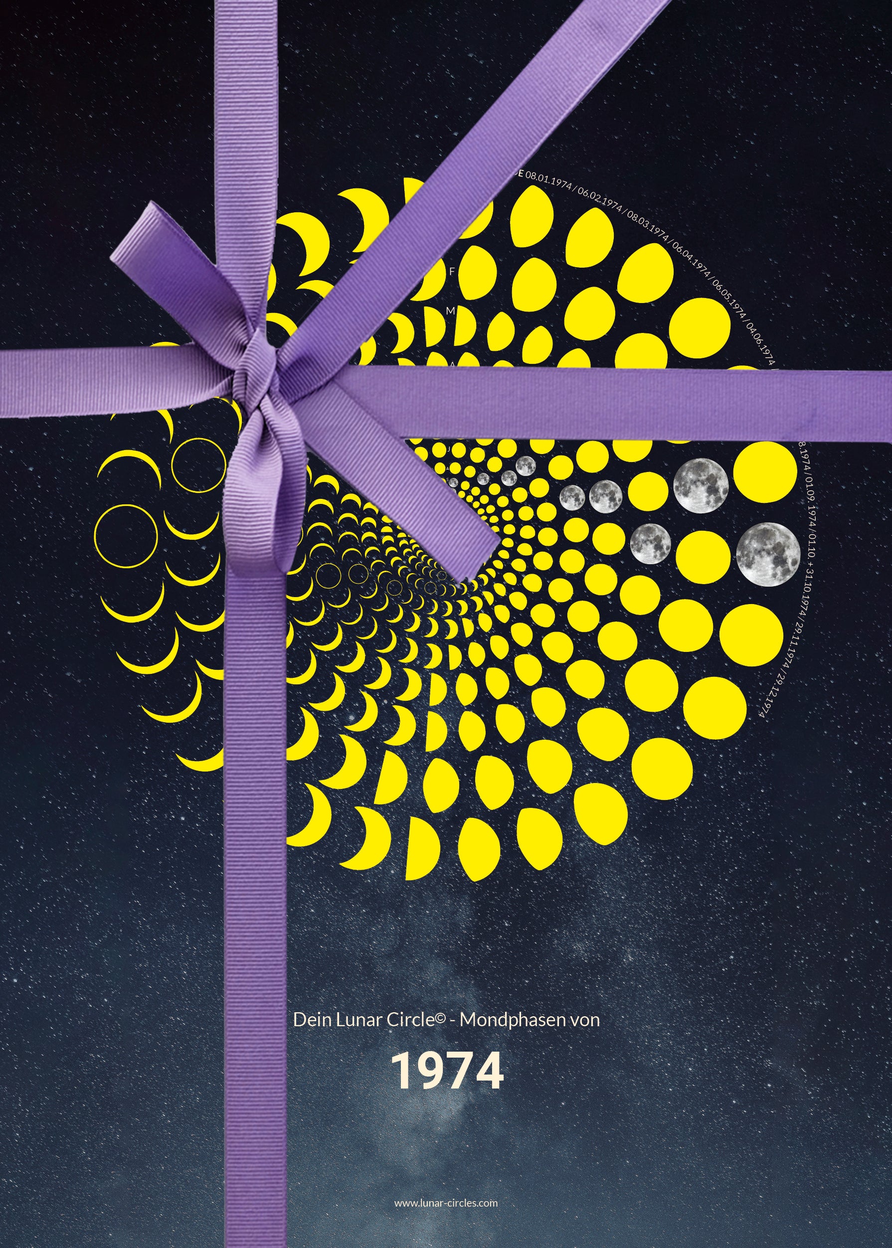 Lunar Circle Poster 1974, A3 in Mond Gelb mit rundem Mondphasen-Muster, Universum-Hintergrund und Personalisierungsmöglichkeit, Geschenk – Kunst von Theresa Lambrecht