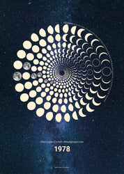 Lunar Circle Poster 1978, A3 in Mond Gelb mit rundem Mondphasen-Muster, Universum-Hintergrund und Personalisierungsmöglichkeit, Geschenk – Kunst von Theresa Lambrecht