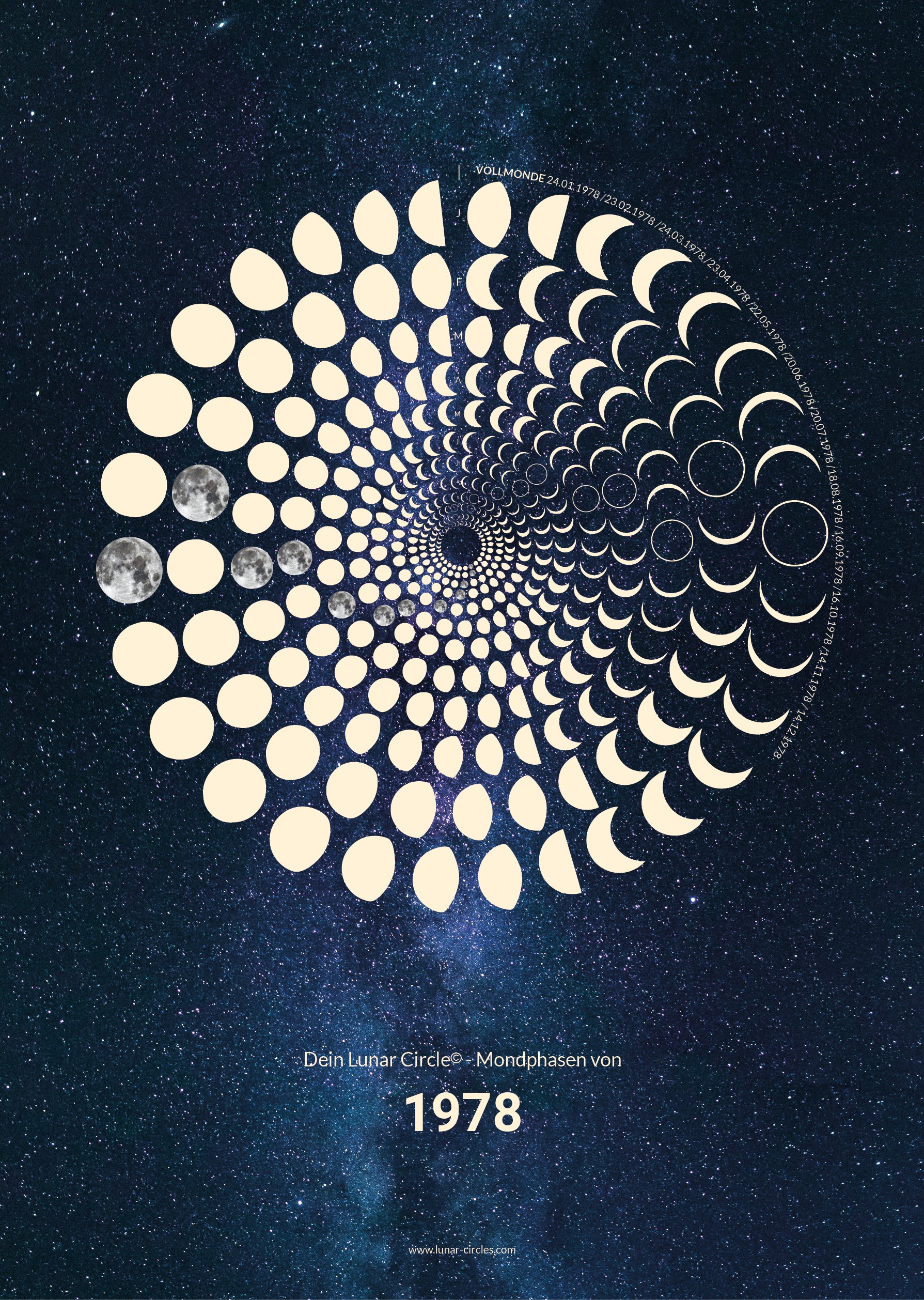 Lunar Circle Poster 1978, A3 in Mond Gelb mit rundem Mondphasen-Muster, Universum-Hintergrund und Personalisierungsmöglichkeit, Geschenk – Kunst von Theresa Lambrecht