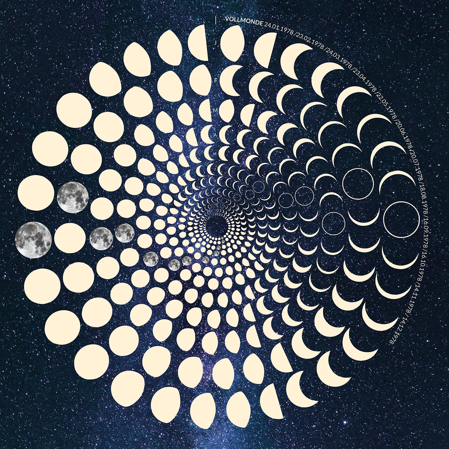 Lunar Circle Poster 1978, A3 in Mond Gelb mit rundem Mondphasen-Muster, Universum-Hintergrund und Personalisierungsmöglichkeit, Geschenk – Kunst von Theresa Lambrecht