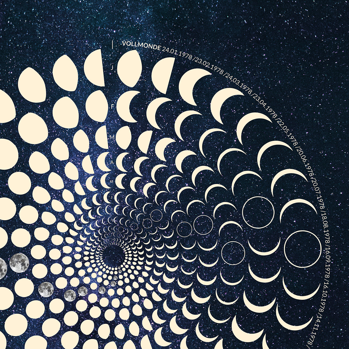 Lunar Circle Poster 1978, A3 in Mond Gelb mit rundem Mondphasen-Muster, Universum-Hintergrund und Personalisierungsmöglichkeit, Geschenk – Kunst von Theresa Lambrecht