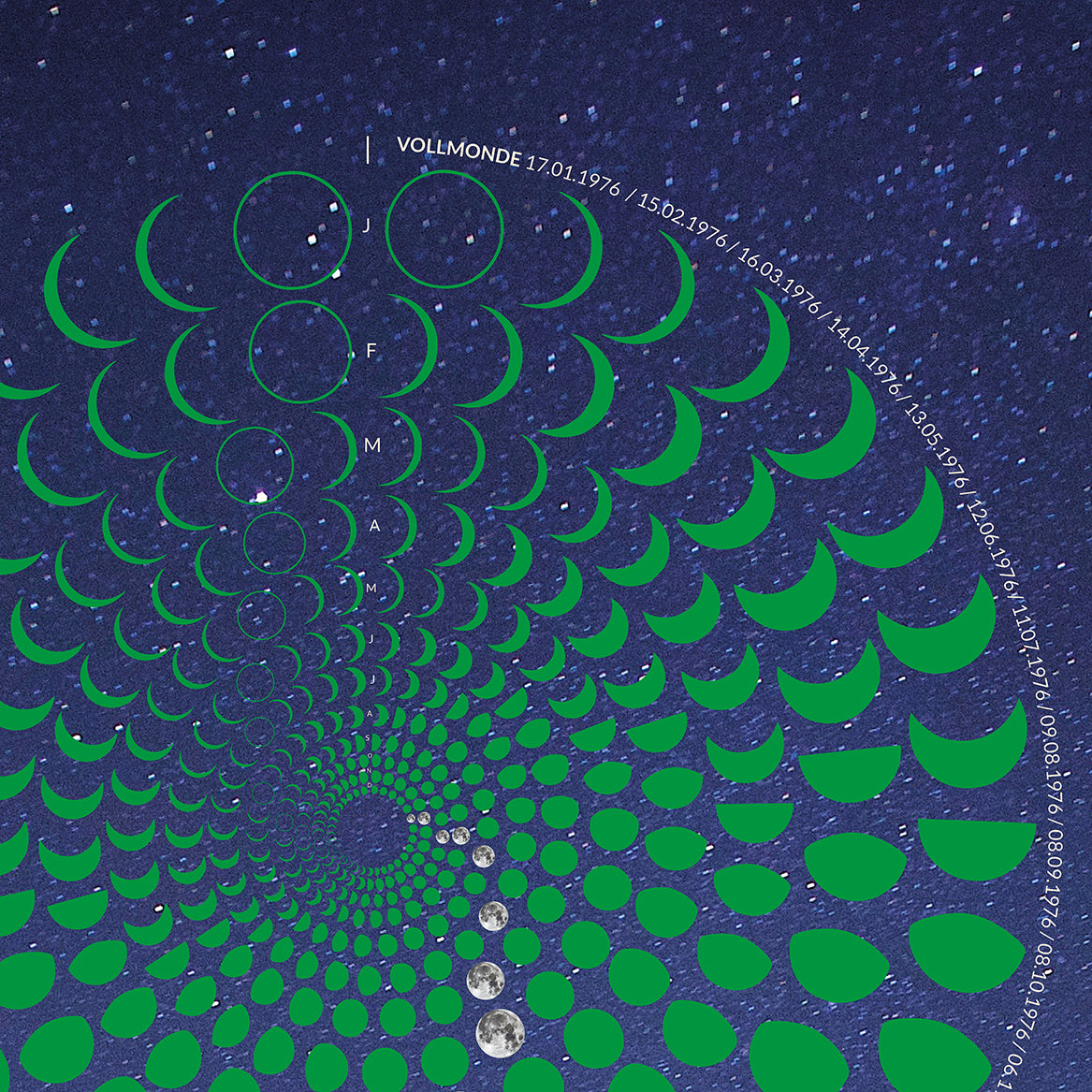 Lunar Circle Poster 1976, A3 in Mond Grün mit rundem Mondphasen-Muster, Universum-Hintergrund und Personalisierungsmöglichkeit, Geschenk – Kunst von Theresa Lambrecht