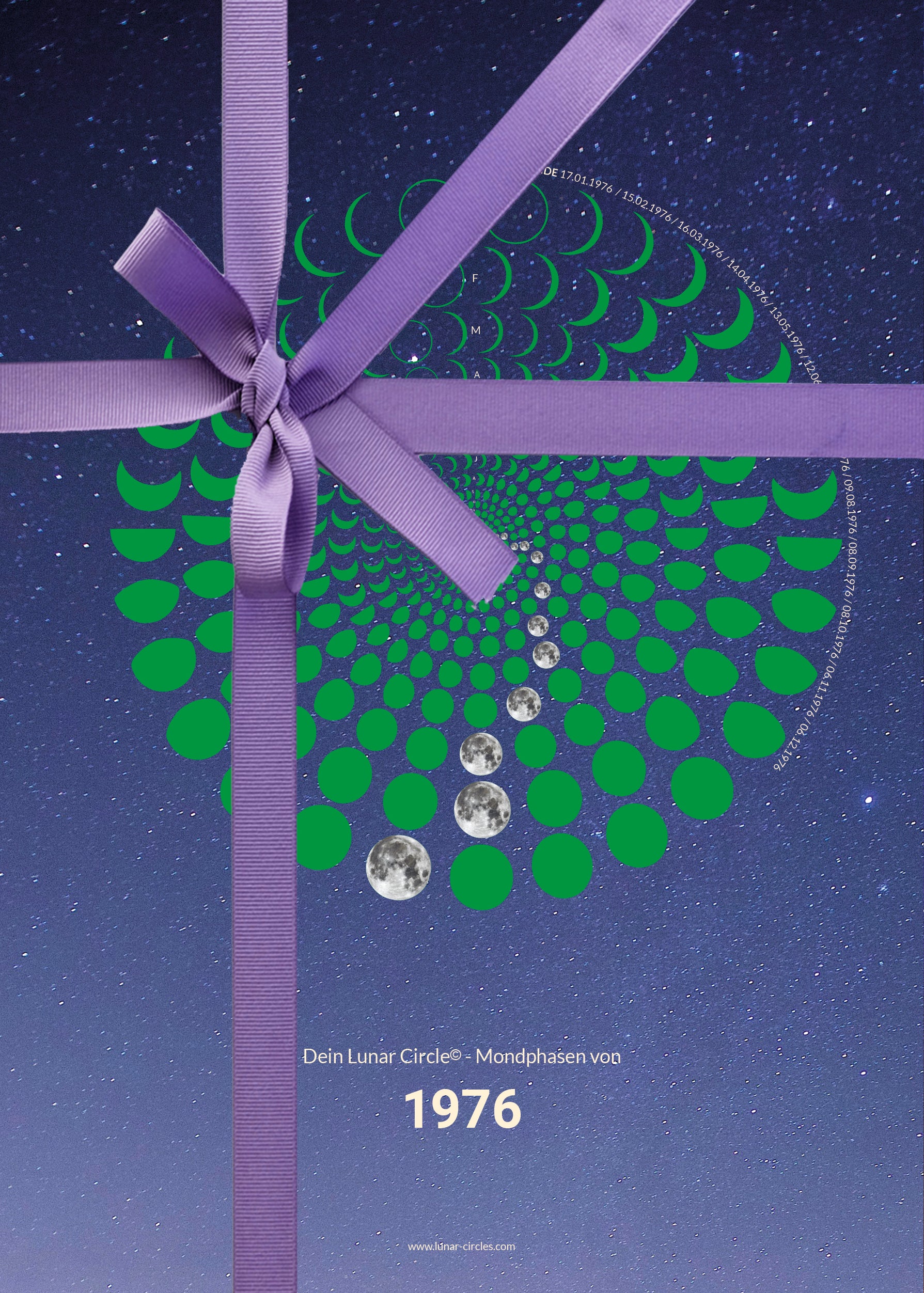 Lunar Circle Poster 1976, A3 in Mond Grün mit rundem Mondphasen-Muster, Universum-Hintergrund und Personalisierungsmöglichkeit, Geschenk – Kunst von Theresa Lambrecht