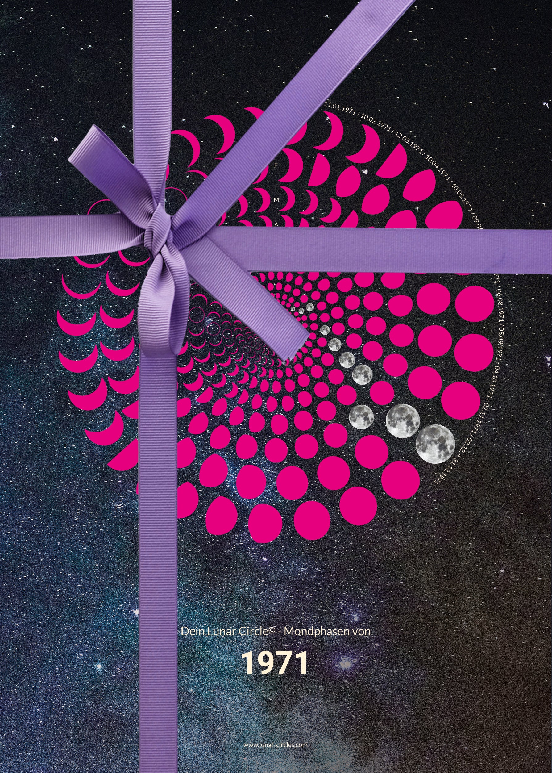 Lunar Circle Poster 1971, A3 in Mond Pink mit rundem Mondphasen-Muster, Universum-Hintergrund und Personalisierungsmöglichkeit, Geschenk – Kunst von Theresa Lambrecht