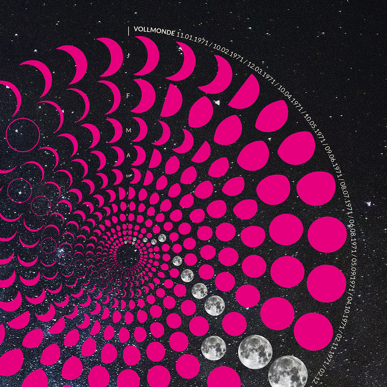Lunar Circle Poster 1971, A3 in Mond Pink mit rundem Mondphasen-Muster, Universum-Hintergrund und Personalisierungsmöglichkeit, Geschenk – Kunst von Theresa Lambrecht