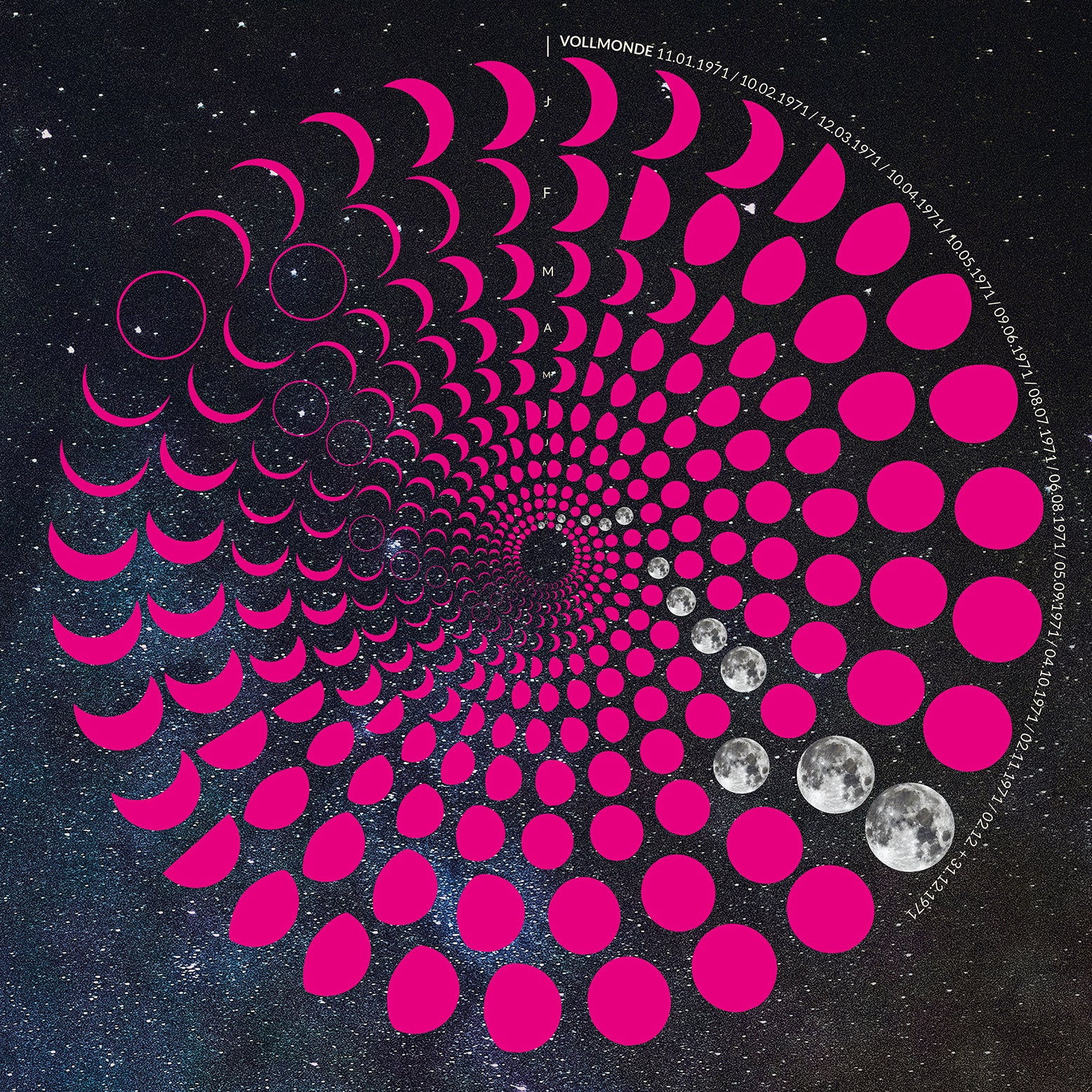Lunar Circle Poster 1971, A3 in Mond Pink mit rundem Mondphasen-Muster, Universum-Hintergrund und Personalisierungsmöglichkeit, Geschenk – Kunst von Theresa Lambrecht