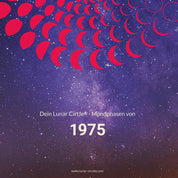 Lunar Circle Poster 1975, A3 in Mond Pink mit rundem Mondphasen-Muster, Universum-Hintergrund und Personalisierungsmöglichkeit, Geschenk – Kunst von Theresa Lambrecht