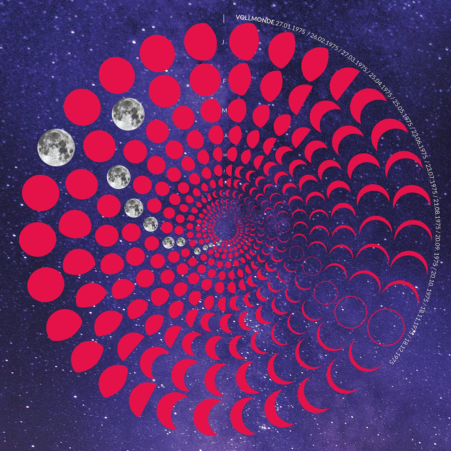 Lunar Circle Poster 1975, A3 in Mond Pink mit rundem Mondphasen-Muster, Universum-Hintergrund und Personalisierungsmöglichkeit, Geschenk – Kunst von Theresa Lambrecht