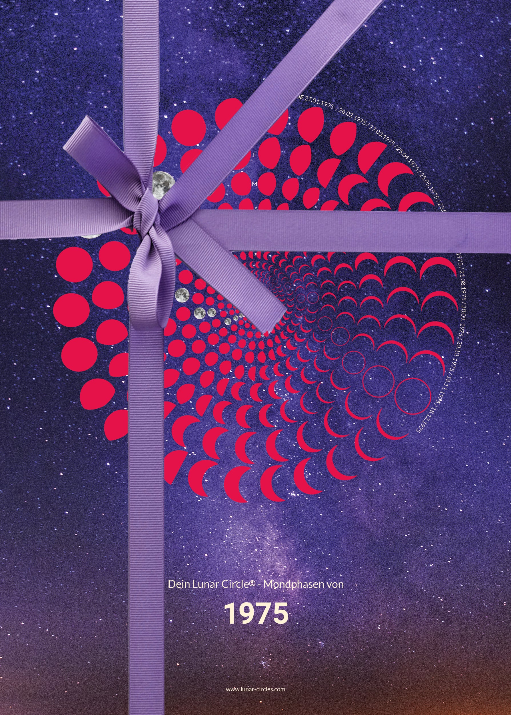 Lunar Circle Poster 1975, A3 in Mond Pink mit rundem Mondphasen-Muster, Universum-Hintergrund und Personalisierungsmöglichkeit, Geschenk – Kunst von Theresa Lambrecht