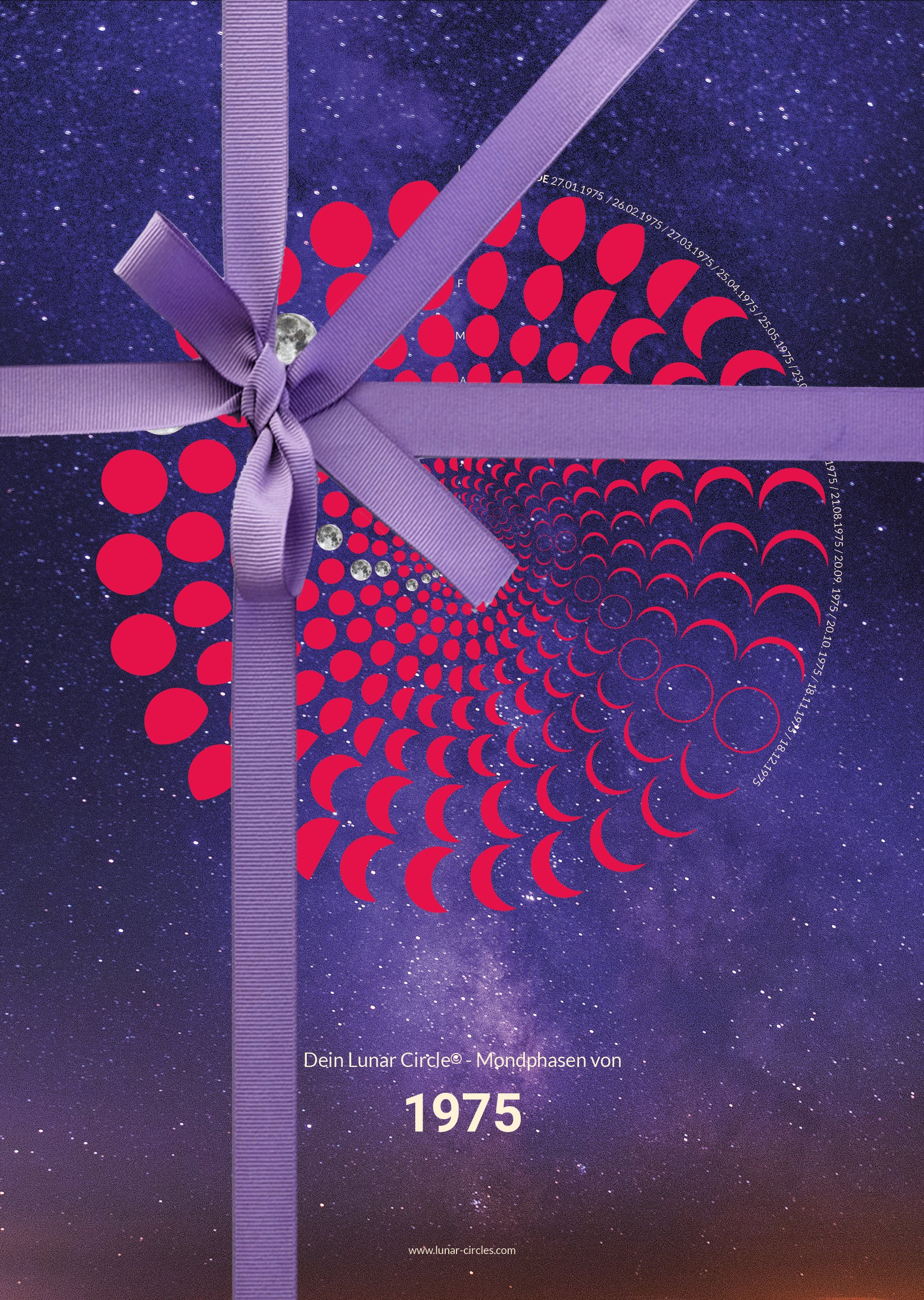 Lunar Circle Poster 1975, A3 in Mond Pink mit rundem Mondphasen-Muster, Universum-Hintergrund und Personalisierungsmöglichkeit, Geschenk – Kunst von Theresa Lambrecht