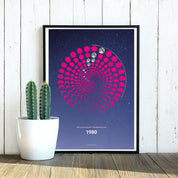 Lunar Circle Poster 1980, A3 in Mond Pink mit rundem Mondphasen-Muster, Universum-Hintergrund und Personalisierungsmöglichkeit, Geschenk – Kunst von Theresa Lambrecht