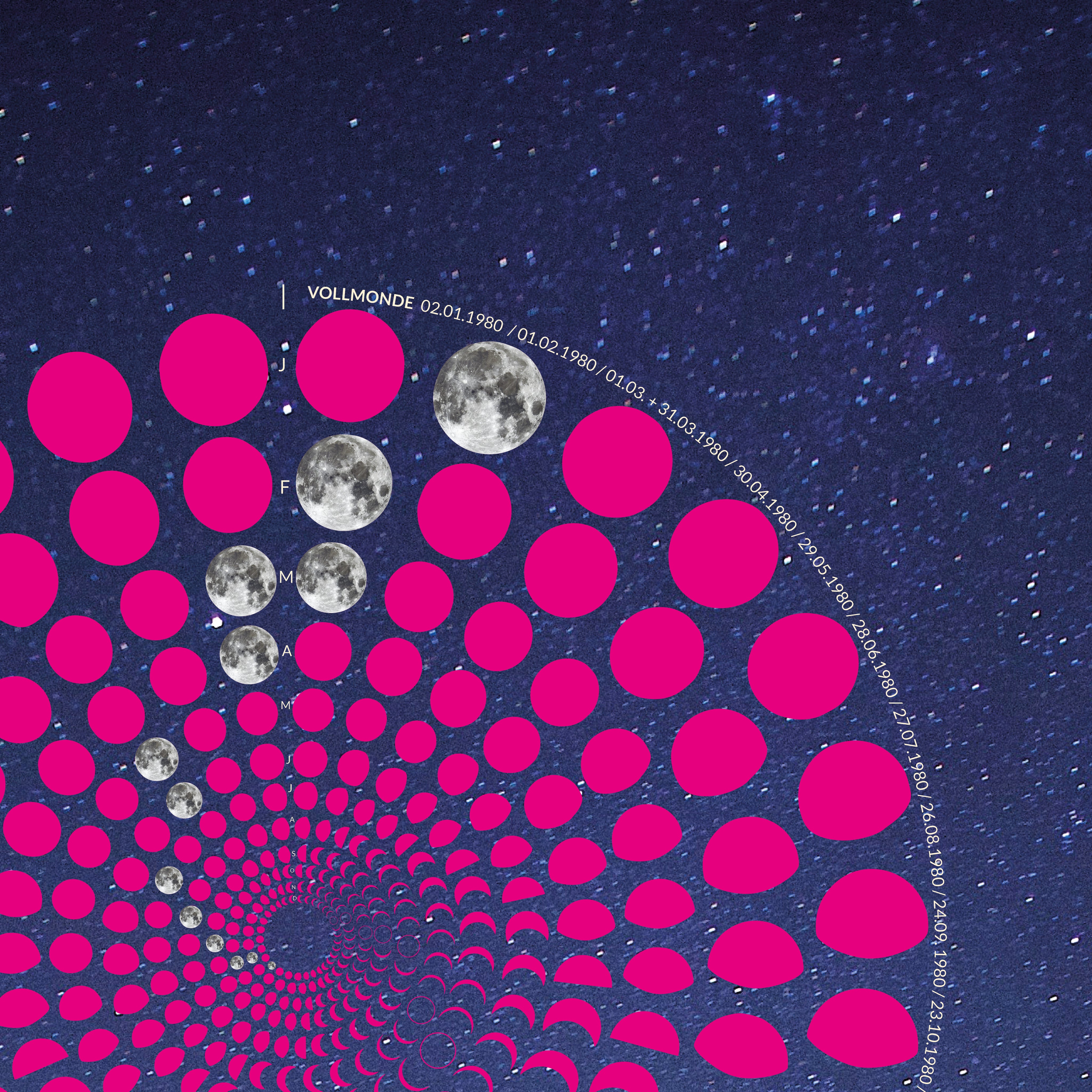 Lunar Circle Poster 1980, A3 in Mond Pink mit rundem Mondphasen-Muster, Universum-Hintergrund und Personalisierungsmöglichkeit, Geschenk – Kunst von Theresa Lambrecht