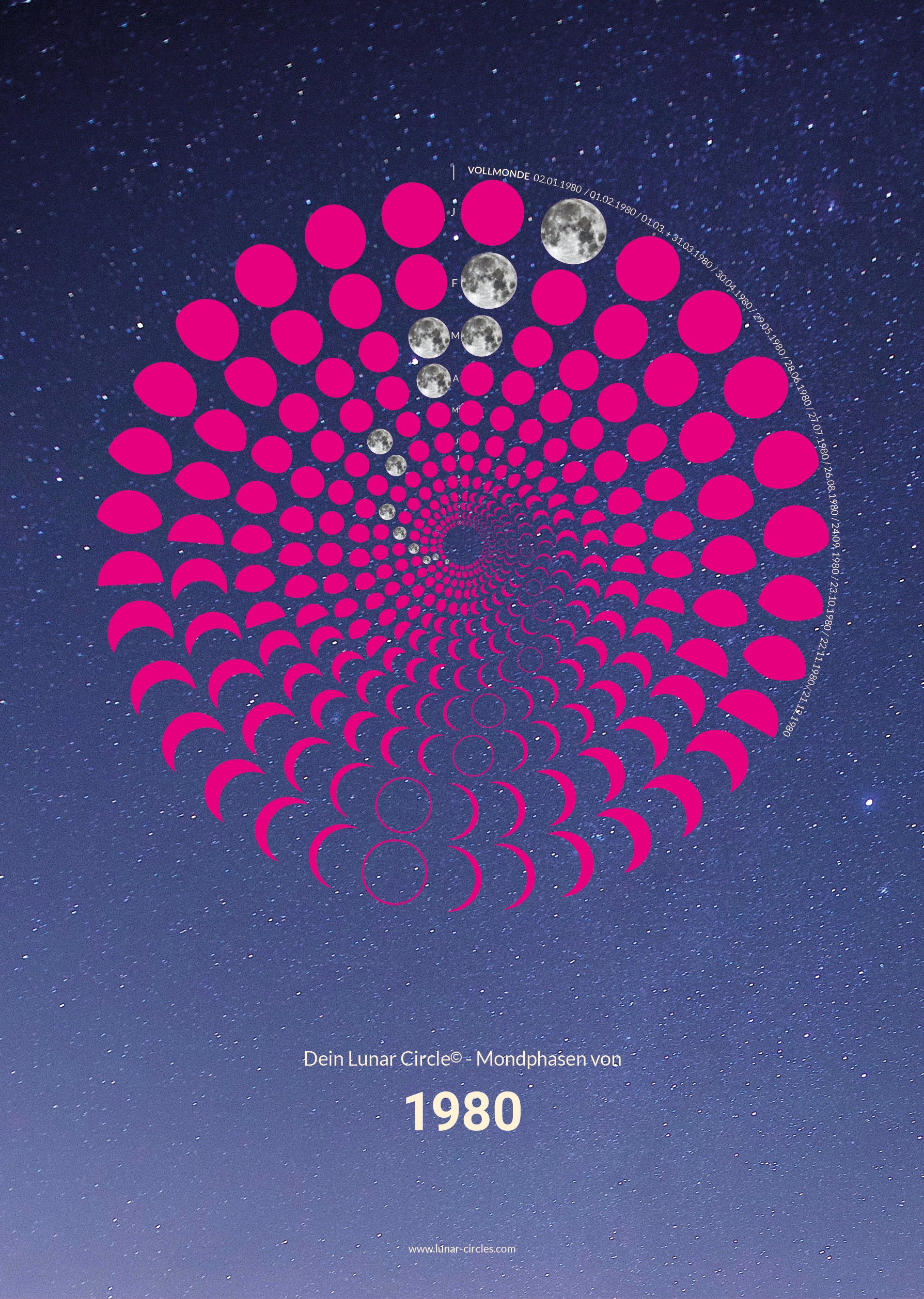 Lunar Circle Poster 1980, A3 in Mond Pink mit rundem Mondphasen-Muster, Universum-Hintergrund und Personalisierungsmöglichkeit, Geschenk – Kunst von Theresa Lambrecht